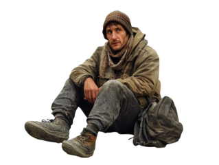 Homeless man sitting on white background PNG transparent.