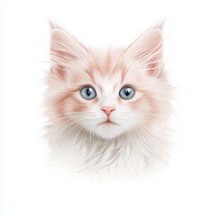 Cute fluffy cat with striking blue eyes on a white isolated background.