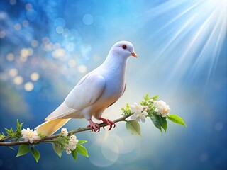 Obraz premium Soothing white dove perched on a delicate branch against a soft, serene blue background, symbolizing harmony, hope, and gentle tranquility in a peaceful atmosphere.