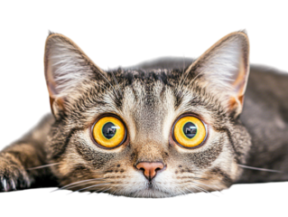 Cute cat lying on the floor with big eyes on a gray background PNG transparent.
