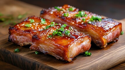 Inviting Display of Thai Glazed Pork on Wooden Board
