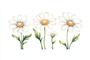 Fototapeta premium Daisies in various sizes, white background, floral illustration.