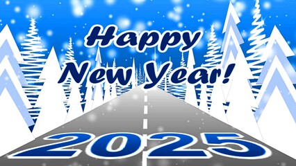 New Year 2025. There is an inscription 2025 on the road, white Christmas trees along the road.