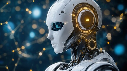 Futuristic robot head with glowing circuits, representing advanced technology and artificial intelligence in a digital environment.