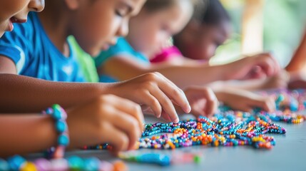 Obraz premium children engaged in a beading activity at a summer camp, emphasizing fun and creativity