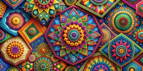 Vibrant, multi-colored geometric shapes in intricate patterns create a mesmerizing abstract background, perfect for adding a pop of modern style to any design or composition.