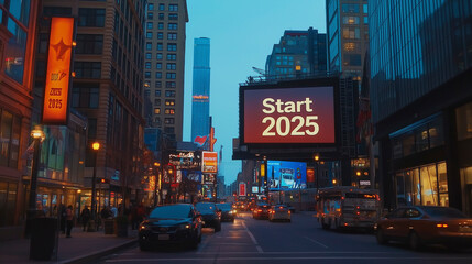 City street bustling with traffic featuring a large billboard that says Start 2025 during sunset in an urban setting