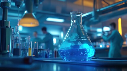 A laboratory scene featuring a blue liquid in a flask, with researchers in the background.