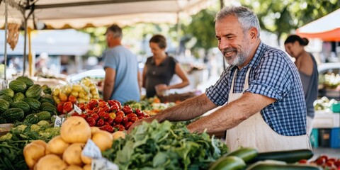 Obraz premium Smiling vendor displays fresh produce at vibrant farmers market, showcasing colorful fruits and vegetables in an inviting atmosphere.