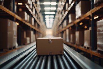 A cardboard box on a conveyor belt in a warehouse. The background features stocked shelves filled with packages. A simple scene depicting logistics and storage. Generative AI