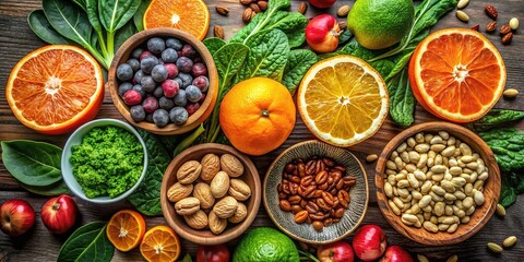 Vibrant arrangement of nutrient-dense foods, including oranges, leafy greens, and nuts, boosting the immune system and promoting overall health and wellness.