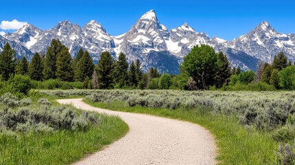Fototapeta premium A winding hiking trail leads through rocky terrain and towering pines, revealing the stunning wilderness of Grand Teton National Park beneath a clear blue sky