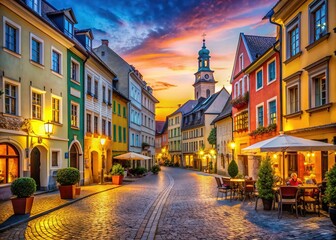 Fototapeta premium Vibrant colorful buildings line the cobblestone streets of a charming European town on the Feast of St. Martin, lit by warm golden evening light.