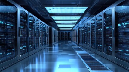 Fototapeta premium A modern data center with rows of servers and blue lighting.