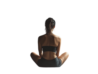 Woman sitting on the floor facing away on gray background PNG transparent.