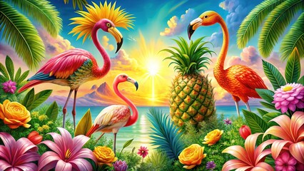 Vibrant colorful illustration of tropical flowers, palm trees, flamingos, and pineapples, set against a bright sunny background, evoking a sense of summer fun and relaxation.