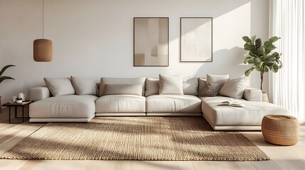 Cozy and Inviting Modern Living Room with a Large Comfortable Sectional Sofa and Minimalist Stylish Decor the Textured Rug and Plush Throw Pillows Adding Depth and Coziness