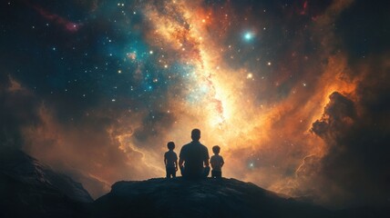 Silhouettes of three figures gazing at a galaxy, surrounded by cosmic colors and stars.