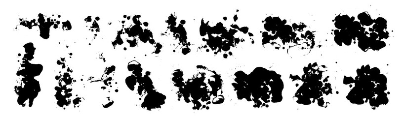 Vector black paint, ink blots, drops,splatters. Grunge  textures. Rough silhouettes. Dirty overlays.