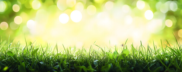 Obraz premium A fresh spring sunny garden background of green grass and blurred foliage bokeh.