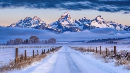 Snow blankets the ground as dusk settles over Park, revealing a winding road leading into a serene winter landscape with majestic mountains
