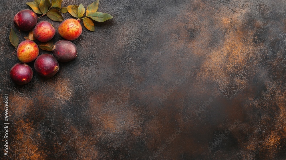 Wall mural A rustic background featuring plums and leaves, ideal for food photography or styling.