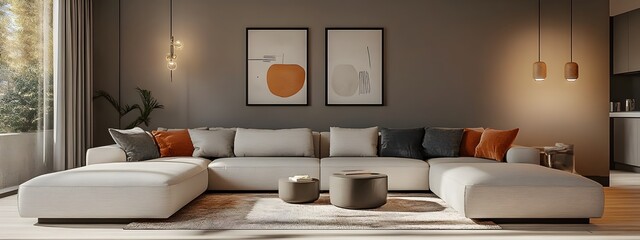 Cozy and inviting modern living room with a large comfortable sectional sofa and minimalist stylish decor the vibrant color accents adding an energetic touch