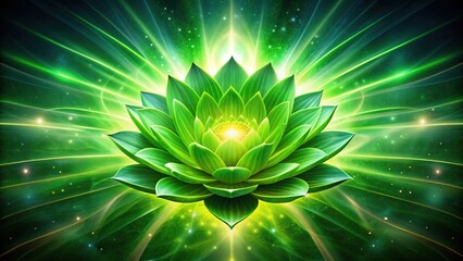 Vibrant green lotus flower blooms at the center of a glowing aura, symbolizing spiritual growth and emotional balance in the anahata heart chakra.