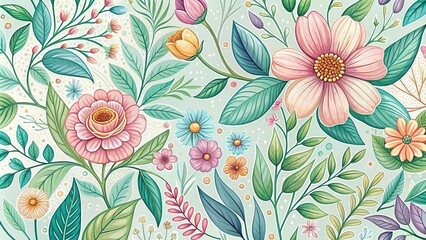 Vibrant hand-drawn vector illustration of blooming flowers, leaves, and vines in pastel colors, surrounded by subtle textures and delicate lines, evoking a sense of whimsy and elegance.