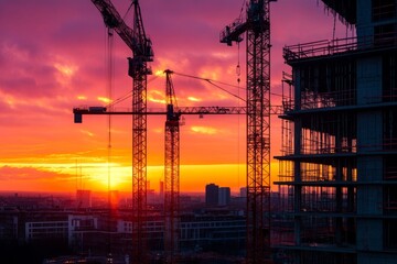 A stunning sunset casts colors over a city under construction. Tall cranes tower over the skyline. This photo embodies growth and opportunity in architecture. Generative AI