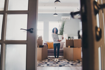 Full body portrait of nice young girl houseplant pile stack box package living room relocate flat indoors © deagreez