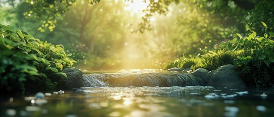 Fototapeta premium Serene Forest River Landscape with Dappled Light and Pathway