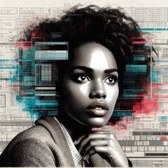 Portrait of a woman overlaid with dynamic digital elements and schematics