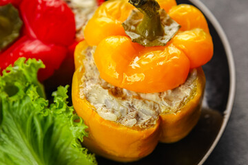 pepper stuffed meat and rice tasty food dish second course Fresh delicious gourmet food background on the table rustic food top view copy space top view