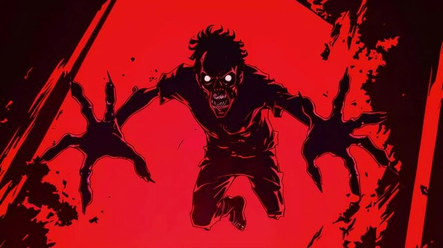 A first-person perspective loop, silhouette of a zombie lunging toward the screen with clawed hands, jump scare effect. horror-related content, 4k 2D Flat Japanese Anime-style Background Animation