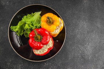 pepper stuffed meat and rice tasty food dish second course Fresh delicious gourmet food background on the table rustic food top view copy space top view