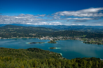 Fototapeta premium View Over Lake Woerthersee(Wörther See) And Village Poertschach In Carinthia In Austria