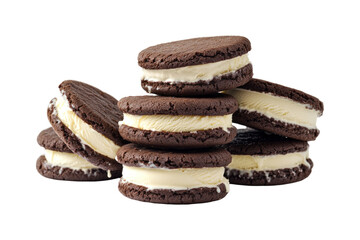 A close-up of a stack of six chocolate chip cookie ice cream sandwiches.