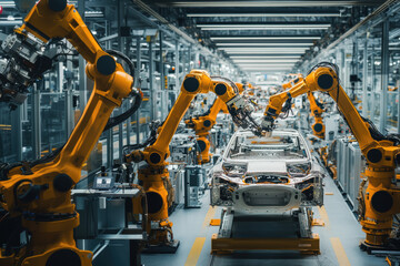 The robotic arm of the car production plant is working