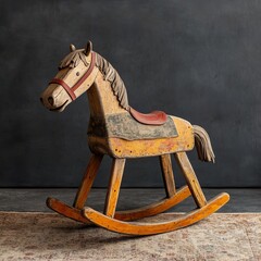 Weathered wooden rocking horse with faded paint, cracked saddle, and splintered legs, standing on a worn-out rug, representing nostalgic childhood