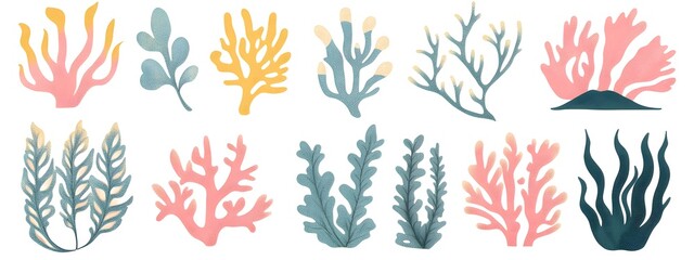 Seaweed, coral, and sea plants clip art set in a flat vector style on a white background with margins, in bright pastel colors