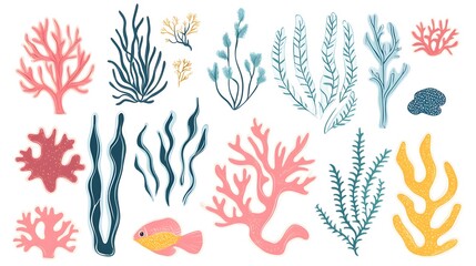 Fototapeta premium Seaweed, coral, and sea plants clip art set in a flat vector style on a white background with margins, in bright pastel colors