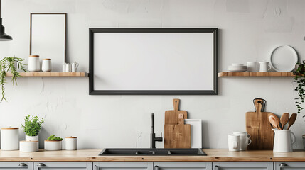 Kitchen interior with poster frame mockup and stylish accessories.