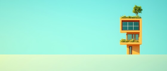 Modern architectural structure with greenery against a blue sky.