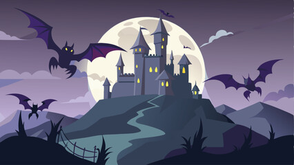 Print Vampire Bats Flying Over a Misty Castle Halloween Background Vector Illustration for Spooky Night Designs