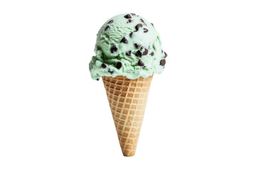 A single scoop of mint chocolate chip ice cream in a waffle cone, isolated on a black background.