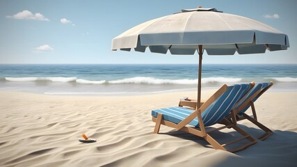 Digital Illustration of Lounge Chairs on Sandy Beach with Umbrella | Serene Vacation Ambiance Under Clear Blue Sky
