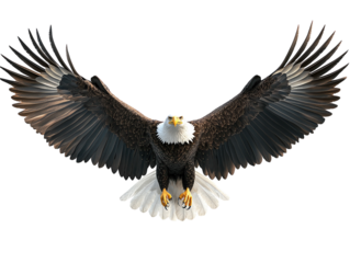 Bald eagle with wings spread on white background PNG transparent.