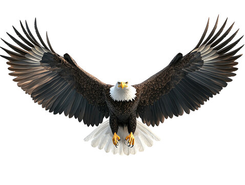Bald eagle with wings spread on white background PNG transparent.