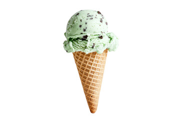 A single scoop of mint chocolate chip ice cream in a waffle cone, isolated against a black background.